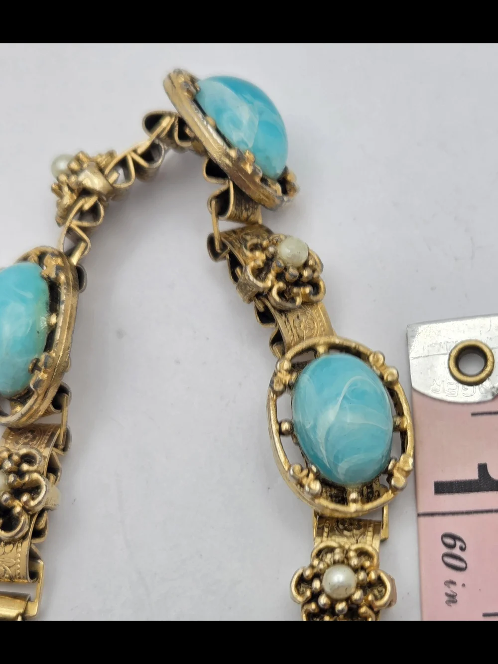 Vintage Gold Tone Faux Turquoise Pearl Panel Bracelet Filigree Etched 7 Inches